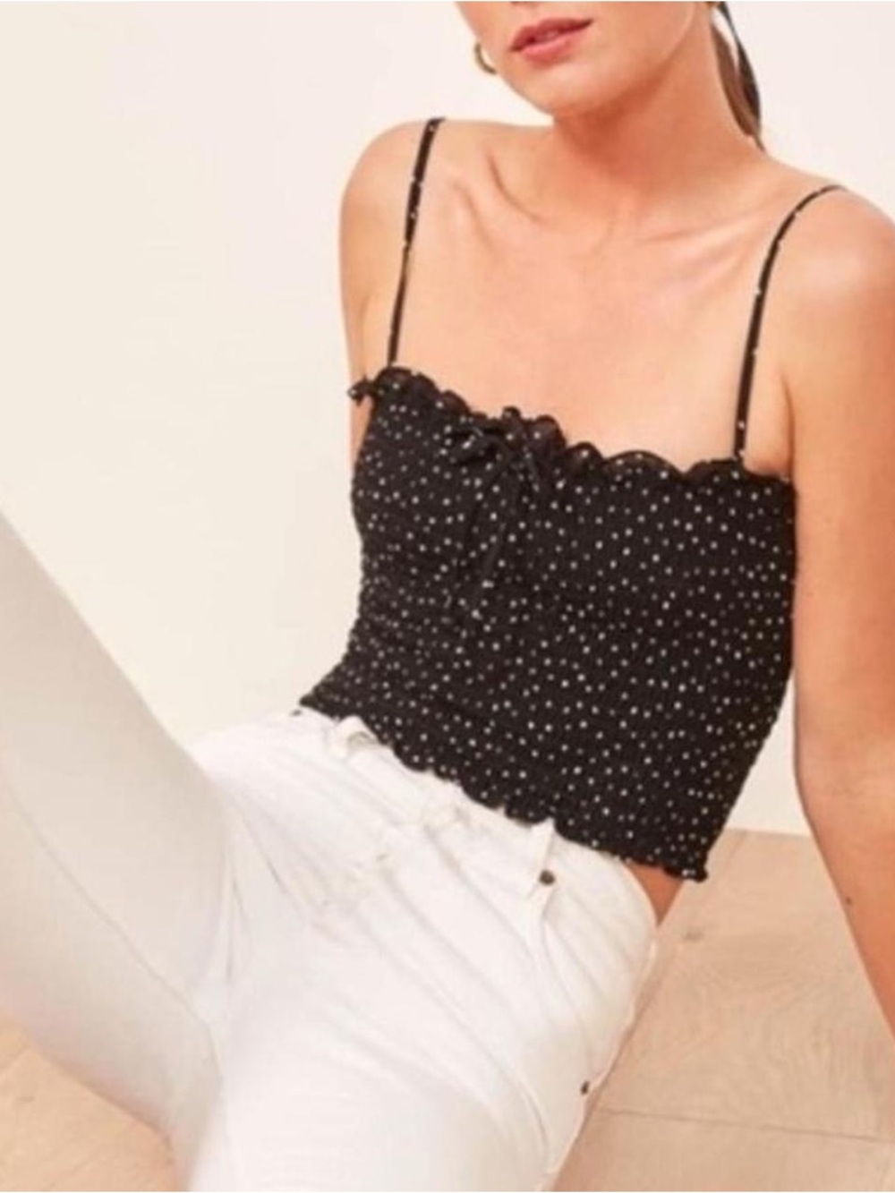 Reformation Black Polka Dot Smocked Cami | Size XS